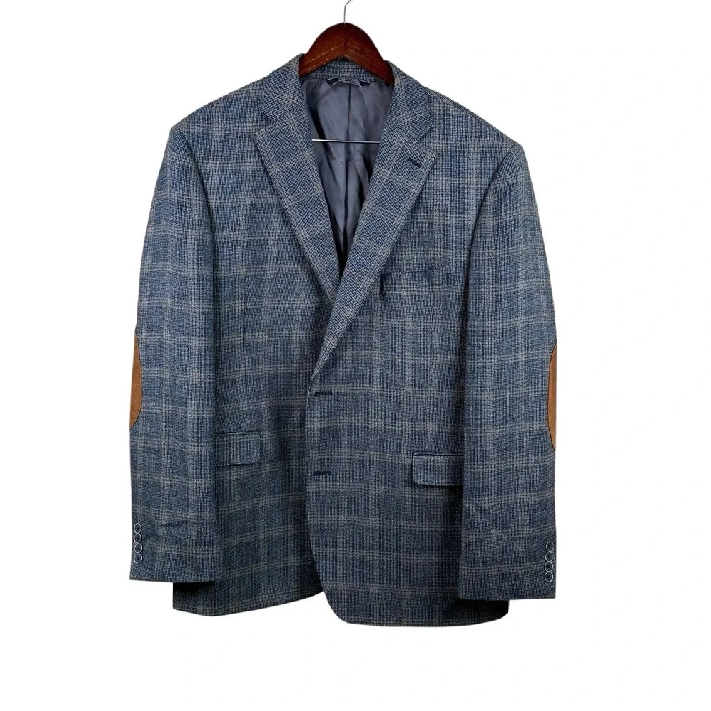 Saks Fifth‎ Avenue Black Label Blazer Men 46R Wool Black/Blue/Tan Elbow Patches